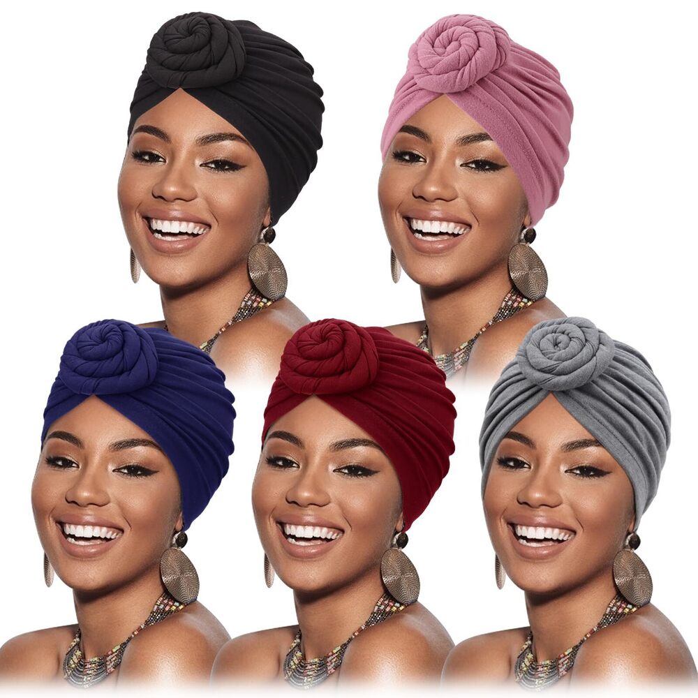 9668 5 Pack Knotted Headwraps African Turban Pre-Knotted Beanie Headwraps